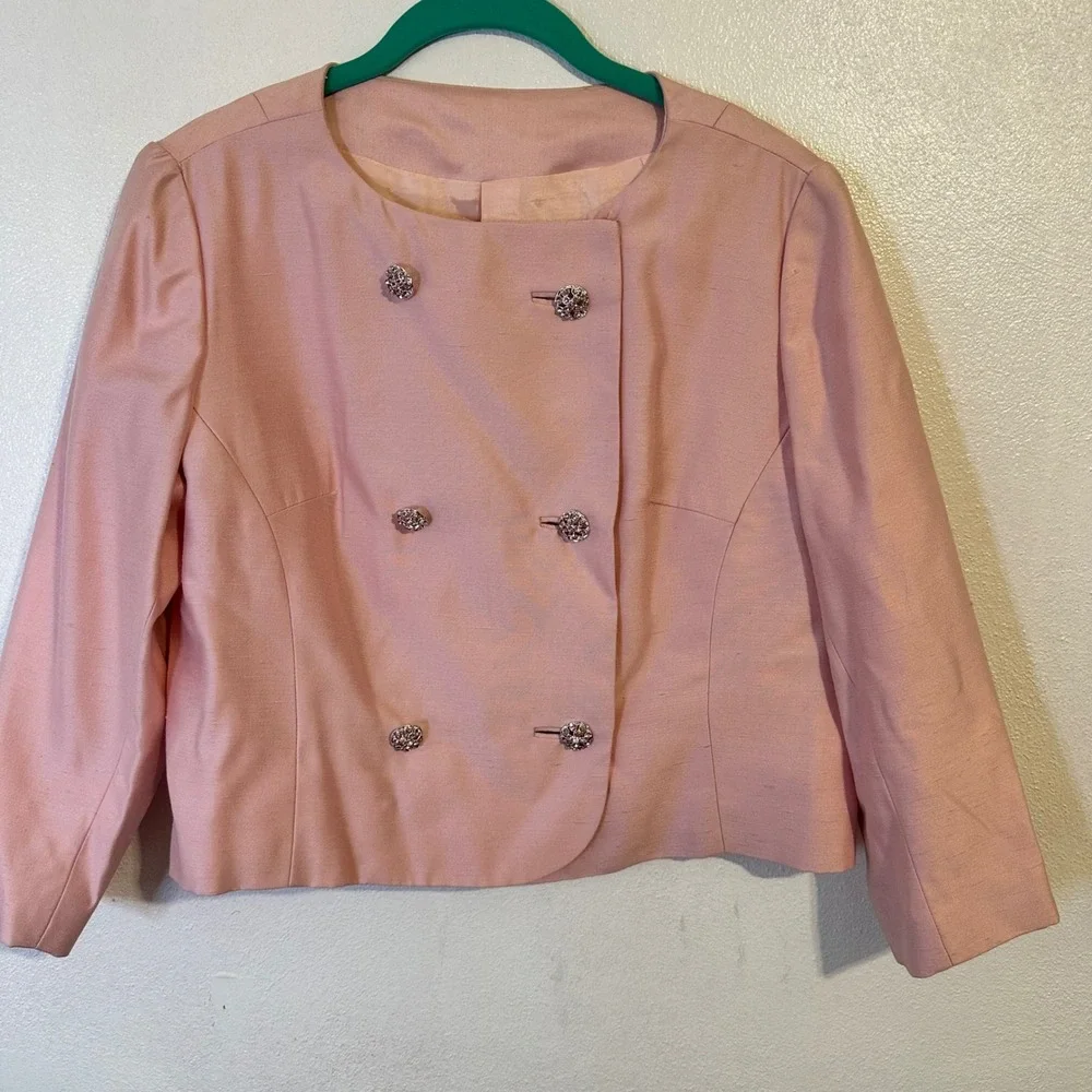 Vintage Rona Pink Skirt Suit Set Rhinestone Button Bow Dress Jacket 2pc - Picture 5 of 16